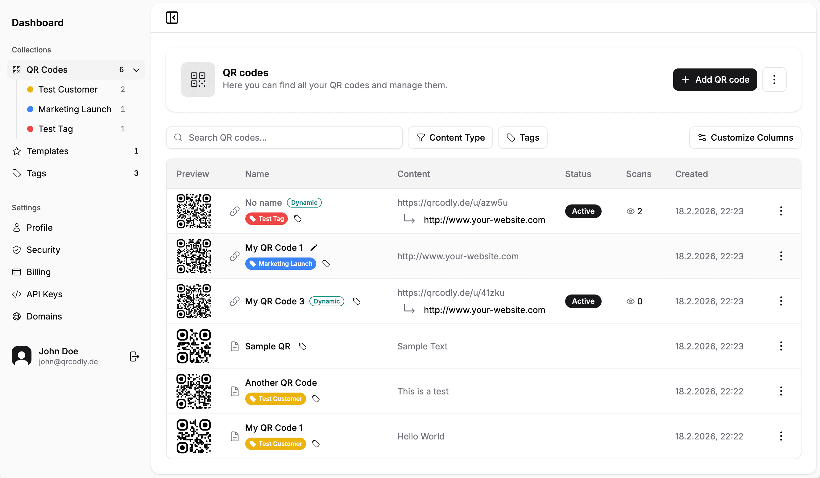 QRcodly Dashboard showing QR code management interface